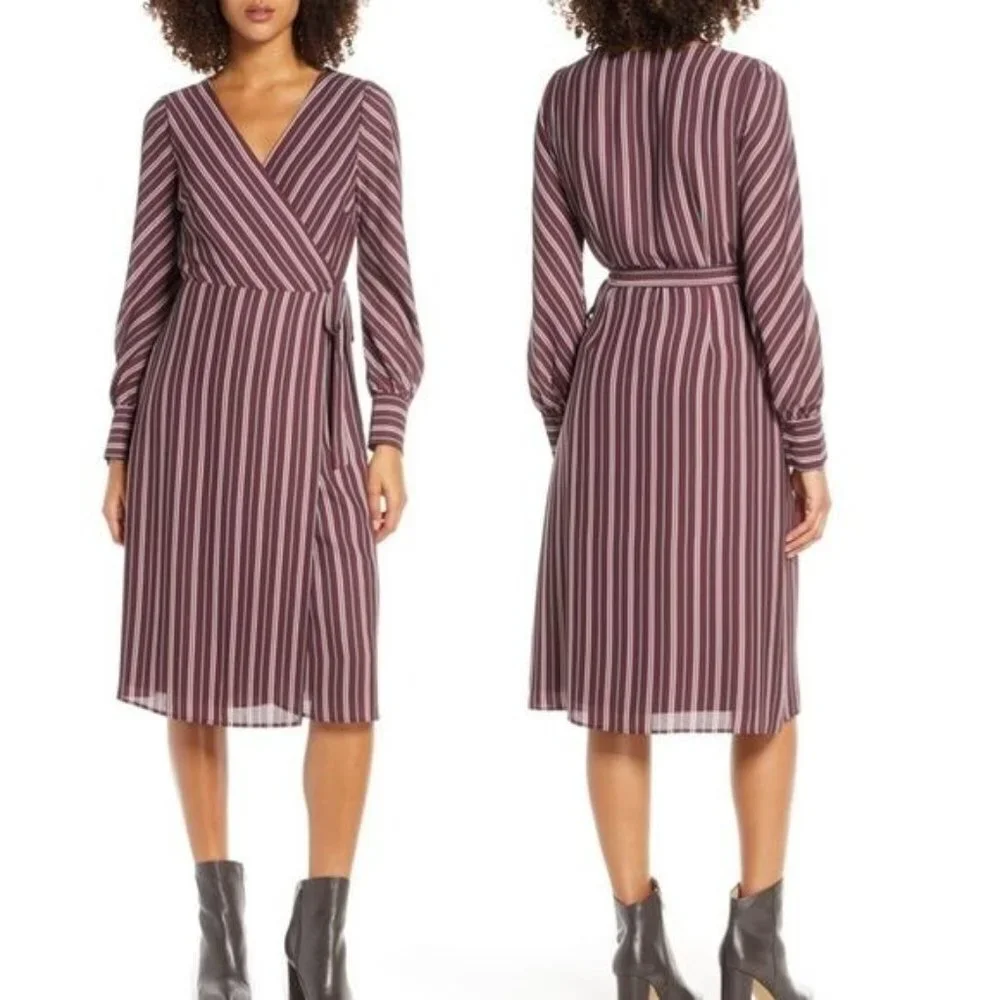 NWOT Chelsea28 Long Sleeve Striped‎ Wrap Dress Midi V-Neck Burgandy XS